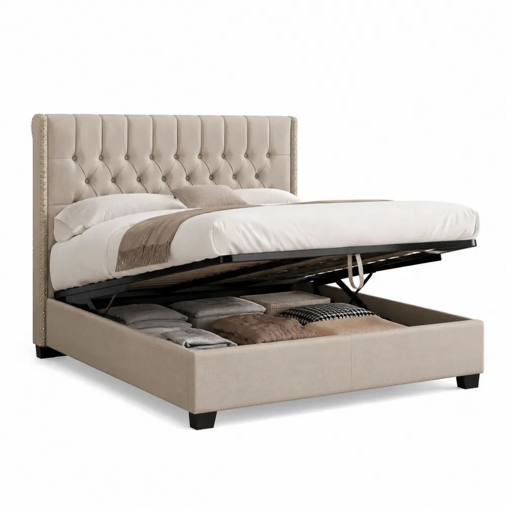 Lit coffre double 160 x 200 cm en velours beige, dimensions 215 x 173 x 121 cm, sommier relevable et tête de lit capitonnée