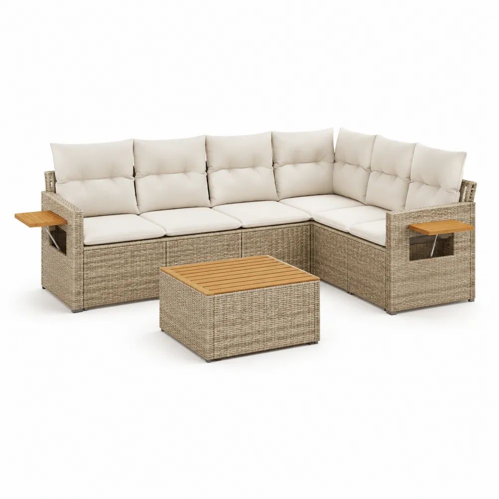 Salon de jardin extérieur 6 places en résine tressée beige avec canapé d’angle, coussins crème et table basse en bois, 245 × 245 × 85 cm