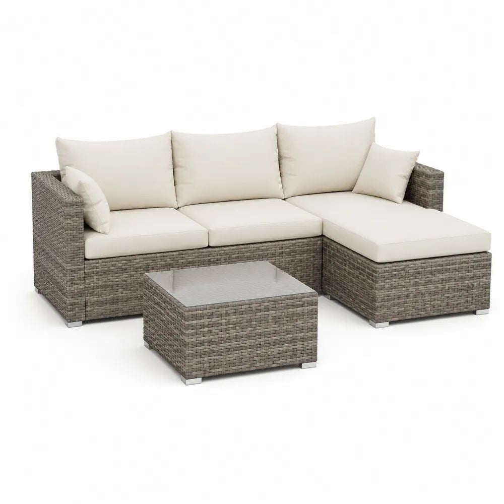 Salon de jardin 3 pièces en résine tressée, canapé d’angle 3 places avec méridienne et table basse, gris taupe et crème, 208 × 140 × 67 cm