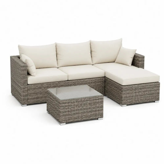 Salon de jardin 3 pièces en résine tressée, canapé d’angle 3 places avec méridienne et table basse, gris taupe et crème, 208 × 140 × 67 cm