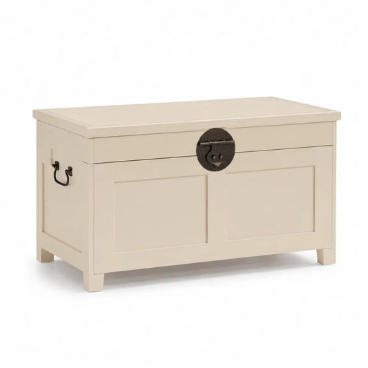 Coffre de rangement rectangulaire en MDF beige avec ferrures noires, 90 × 40 × 58 cm