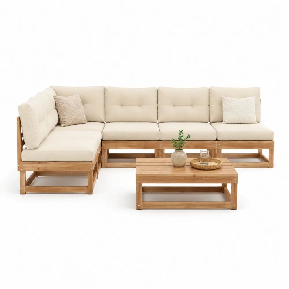 Salon de jardin d’angle 5 places, 6 pièces en bois et tissu beige, 272 x 136 x 65 cm
