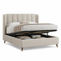 Lit coffre 2 places en polyester beige avec tête de lit rembourrée et sommier relevable, couchage 160 × 200 cm, dimensions 174 × 220 × 120 cm