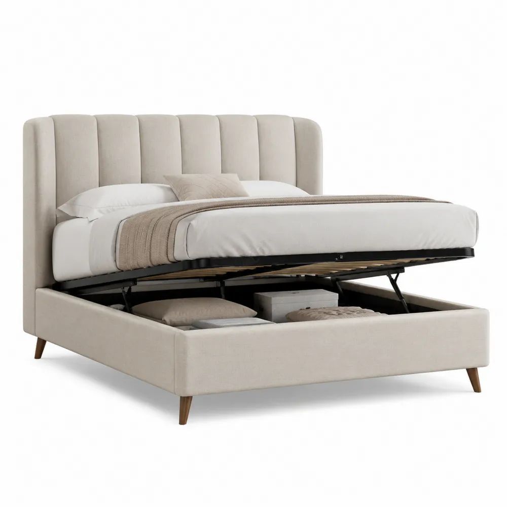 Lit coffre 2 places en polyester beige avec tête de lit rembourrée et sommier relevable, couchage 160 × 200 cm, dimensions 174 × 220 × 120 cm