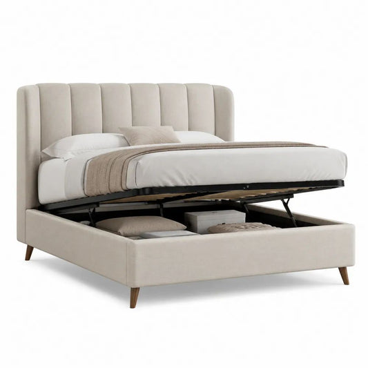 Lit coffre 2 places en polyester beige avec tête de lit rembourrée et sommier relevable, couchage 160 × 200 cm, dimensions 174 × 220 × 120 cm