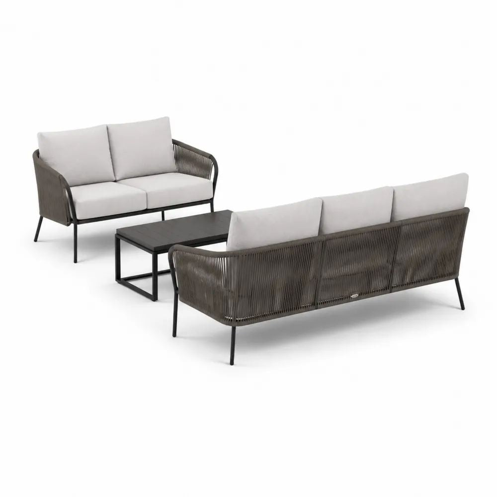 Salon de jardin 5 places 3 pièces en acier et corde PE gris clair, gris anthracite et noir, canapés 190 × 76 × 78 cm et 132 × 76 × 78 cm, table 100 × 55 × 40 cm