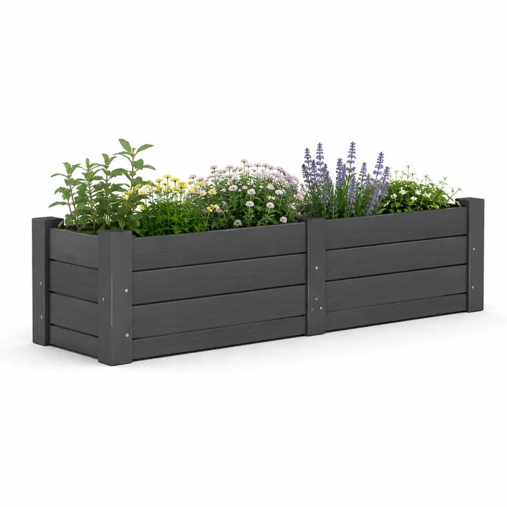 Jardinière surélevée rectangulaire en composite bois-plastique gris anthracite 200 × 50 × 54 cm