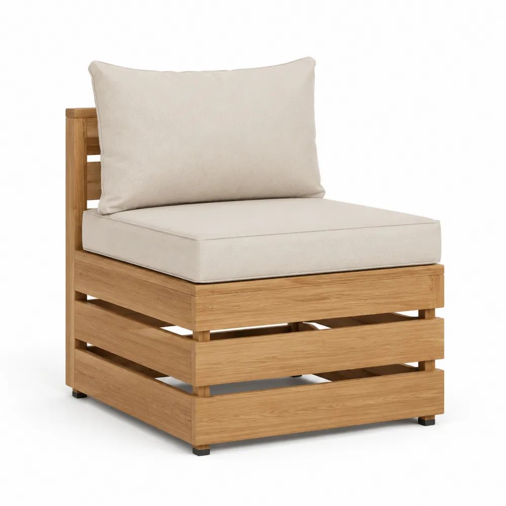 Fauteuil modulable d’extérieur 1 place en bois d’acacia massif avec coussins en polyester beige, 80 × 80 × 76 cm