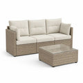 Salon de jardin extérieur 2 pièces en résine tressée beige, canapé 3 places avec coussins crème 195 × 75 × 82 cm et table basse en verre 100 × 55 × 38 cm