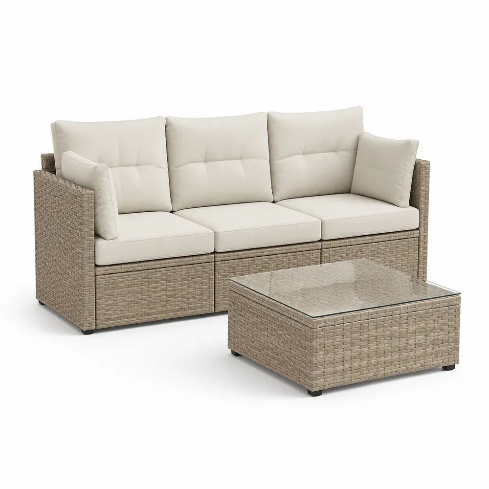 Salon de jardin extérieur 2 pièces en résine tressée beige, canapé 3 places avec coussins crème 195 × 75 × 82 cm et table basse en verre 100 × 55 × 38 cm
