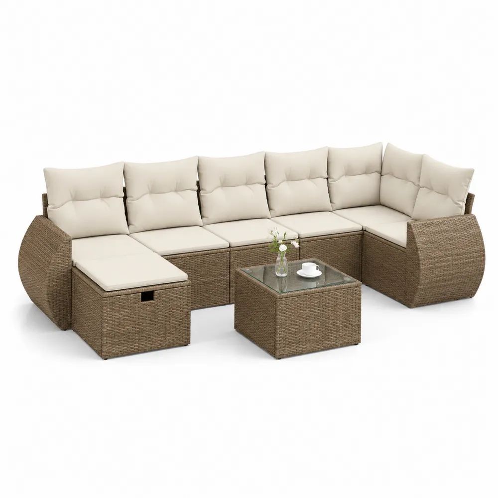 Salon de jardin modulable 9 pièces, canapé d’angle 7 places en résine tressée brun, coussins crème et table en verre, 286 × 216 × 72 cm