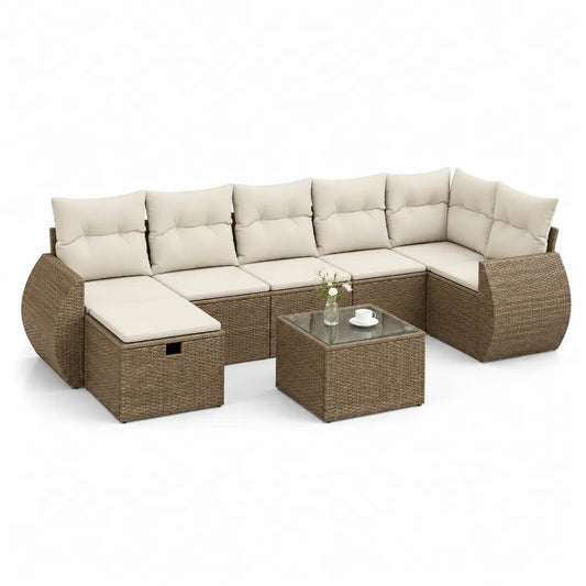 Salon de jardin modulable 9 pièces, canapé d’angle 7 places en résine tressée brun, coussins crème et table en verre, 286 × 216 × 72 cm