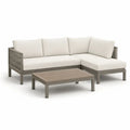 Salon de jardin 3 pièces avec canapé d’angle 3 places en aluminium et corde polyester, table basse rectangulaire, taupe et écru, 210 x 150 x 78 cm