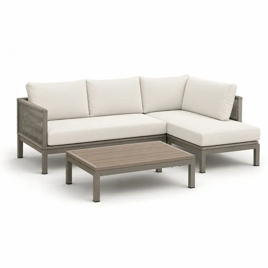Salon de jardin 3 pièces avec canapé d’angle 3 places en aluminium et corde polyester, table basse rectangulaire, taupe et écru, 210 x 150 x 78 cm