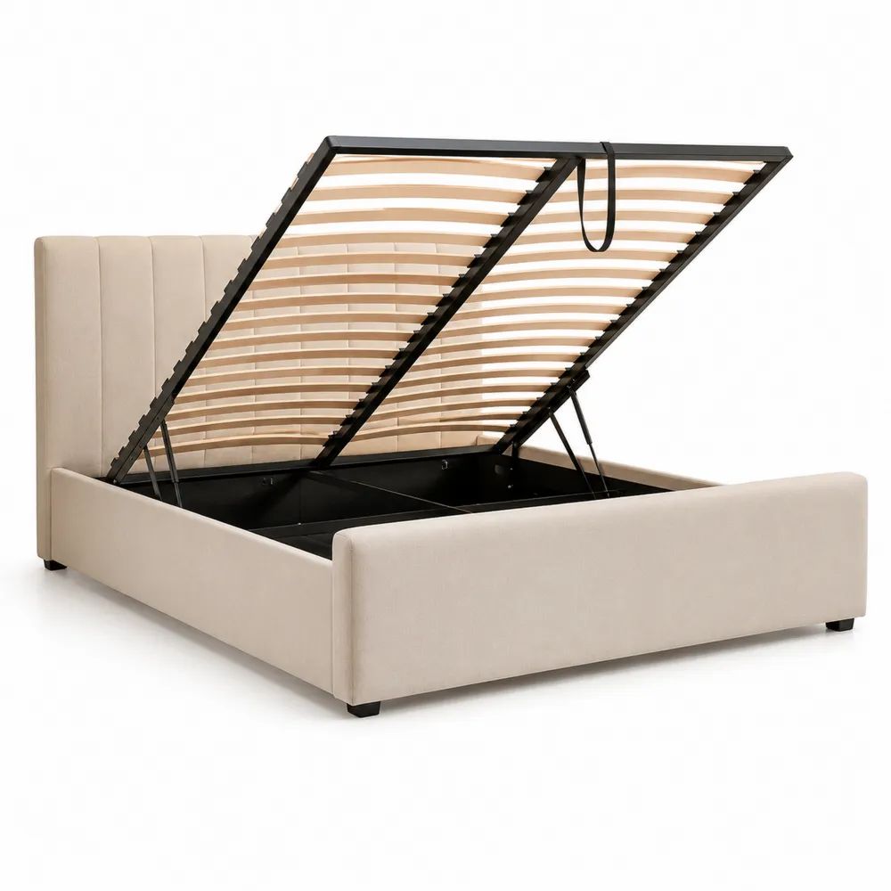 Lit coffre double 160 × 200 cm en polyester beige et métal noir avec sommier à lattes