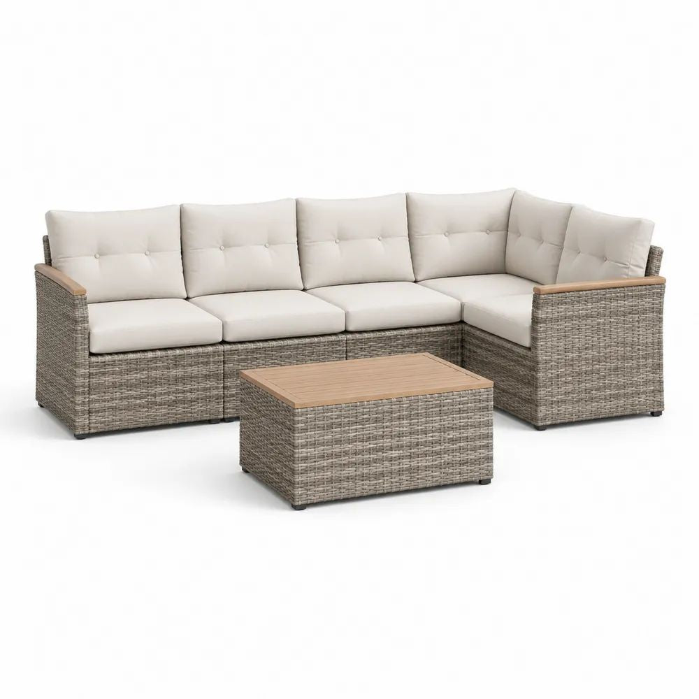 Salon de jardin d’angle 5 places avec table basse en résine tressée et acier, gris taupe, beige et brun clair, canapé 229 × 172 × 86 cm, table 70 × 45 × 38 cm