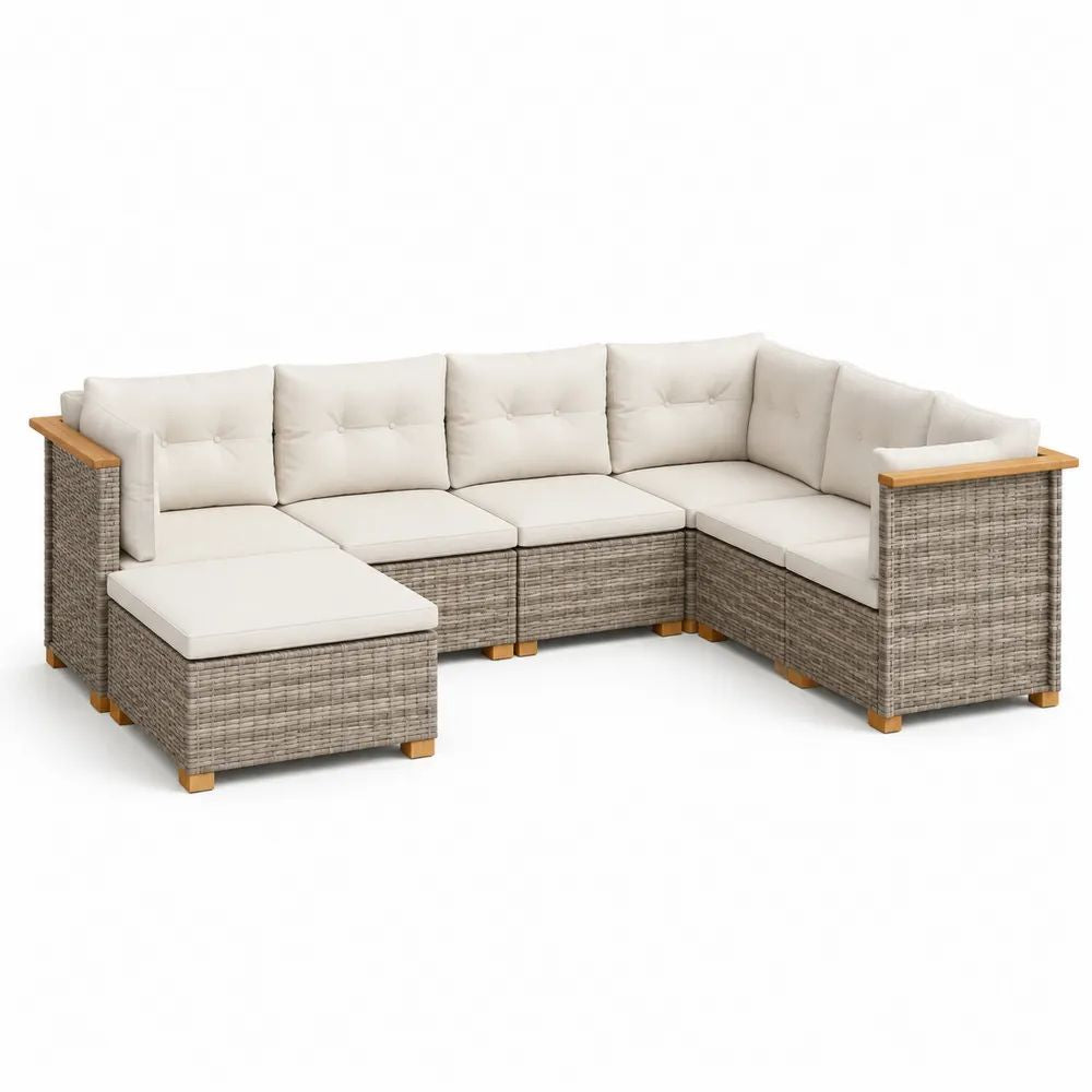 Salon de jardin modulable 7 pièces en résine tressée grise et bois avec coussins crème, 263 × 193 × 65 cm
