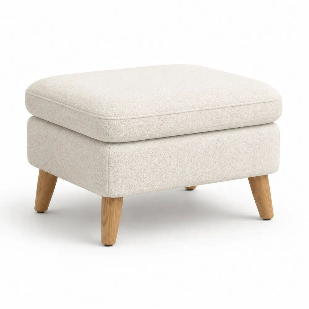 Pouf repose-pieds rectangulaire en bouclé polyester écru avec pieds en hévéa massif, 65 × 55 × 44 cm