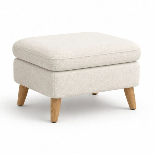 Pouf repose-pieds rectangulaire en bouclé polyester écru avec pieds en hévéa massif, 65 × 55 × 44 cm