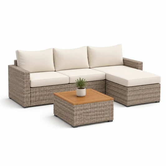 Salon de jardin en résine tressée avec canapé d’angle 3 places 198 × 138 × 64 cm et table basse en bois 65 × 65 × 32 cm, taupe, écru et brun clair