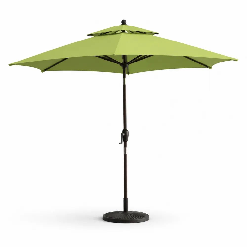Parasol de jardin carré 270 × 270 × 245 cm vert anis et noir en polyester avec mât en acier, manivelle et socle rond