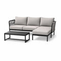 Salon de jardin extérieur 2 pièces avec canapé d’angle 3 places en aluminium noir, coussins gris clair, 214 × 145 × 73 cm et table basse 100 × 55 × 36 cm