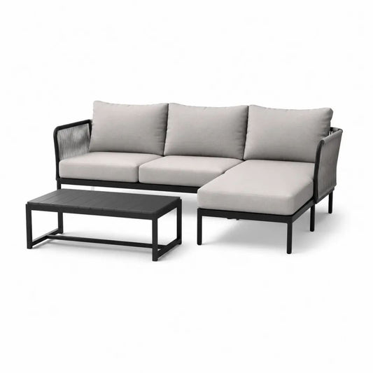 Salon de jardin extérieur 2 pièces avec canapé d’angle 3 places en aluminium noir, coussins gris clair, 214 × 145 × 73 cm et table basse 100 × 55 × 36 cm