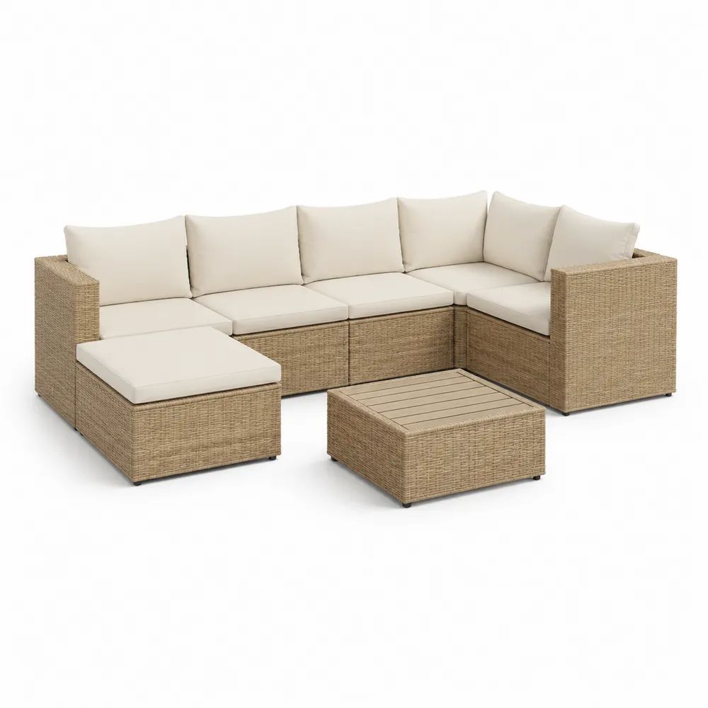 Salon de jardin modulable 6 places en résine tressée taupe avec coussins beiges, canapé en U 294 × 220 × 73 cm et table basse 70 × 70 × 32 cm