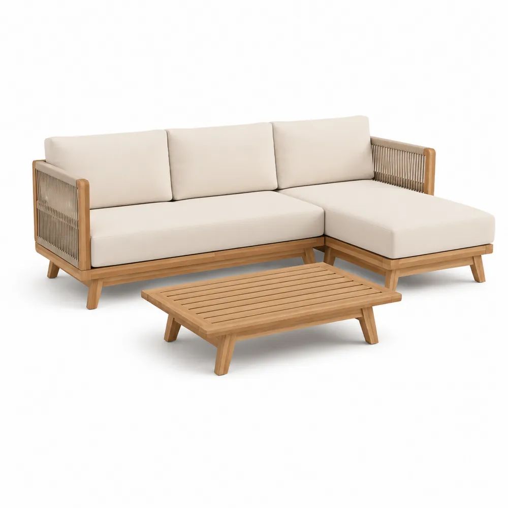 Salon de jardin 3 pièces avec canapé d’angle 3 places en bois massif et corde, beige, 220 × 145 × 75 cm, table basse 100 × 60 × 32 cm
