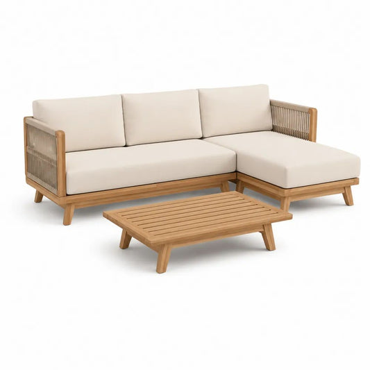 Salon de jardin 3 pièces avec canapé d’angle 3 places en bois massif et corde, beige, 220 × 145 × 75 cm, table basse 100 × 60 × 32 cm