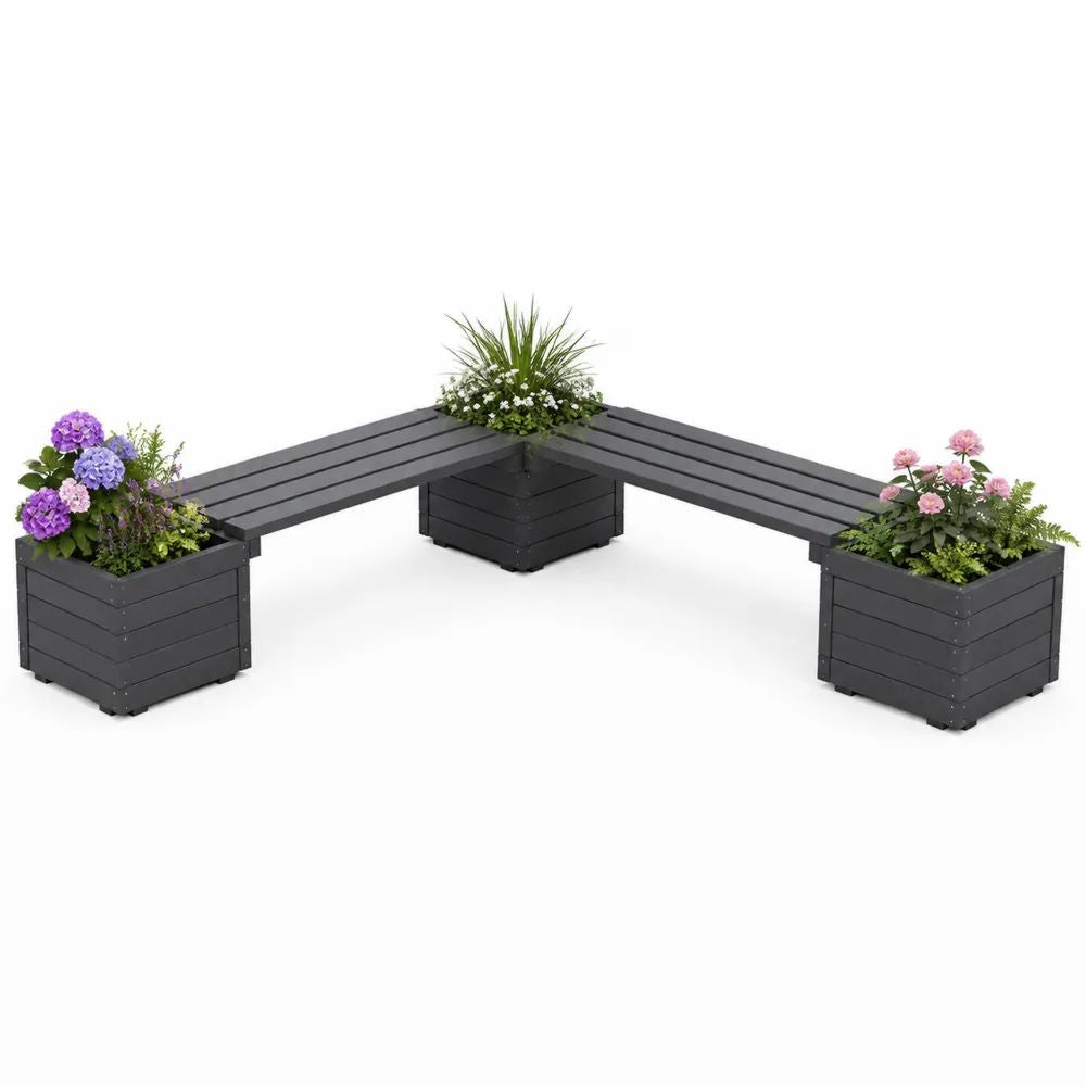 Jardinière surélevée d’angle avec 2 bancs et 3 bacs en pin massif noir, 196 x 196 x 55 cm