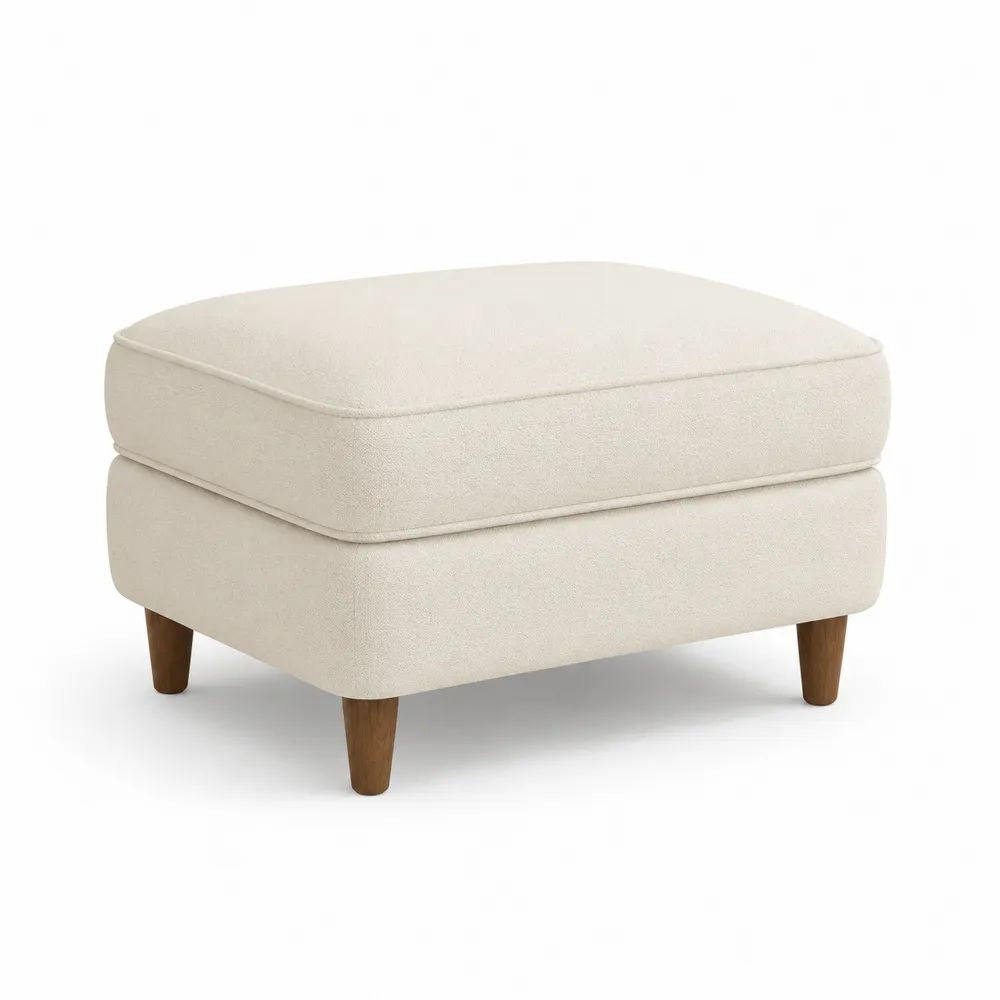 Pouf repose-pieds rectangulaire en tissu bouclé crème avec pieds en bois, 76 × 65 × 48 cm