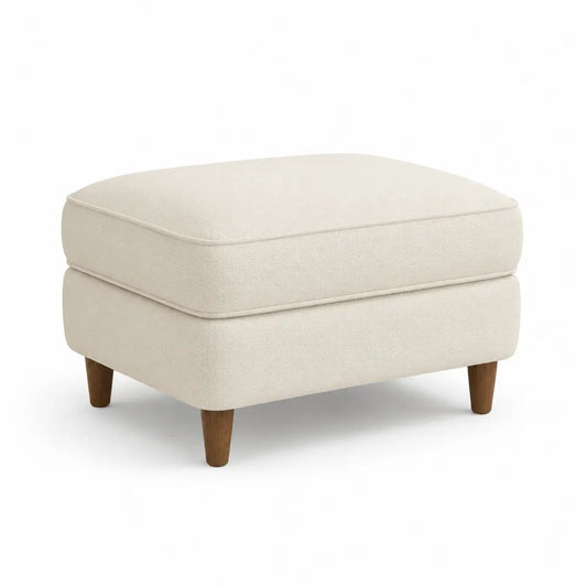 Pouf repose-pieds rectangulaire en tissu bouclé crème avec pieds en bois, 76 × 65 × 48 cm
