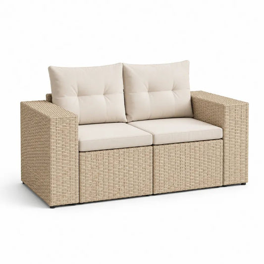 Canapé de jardin 2 places en résine tressée beige avec coussins crème, 143 × 70 × 80 cm