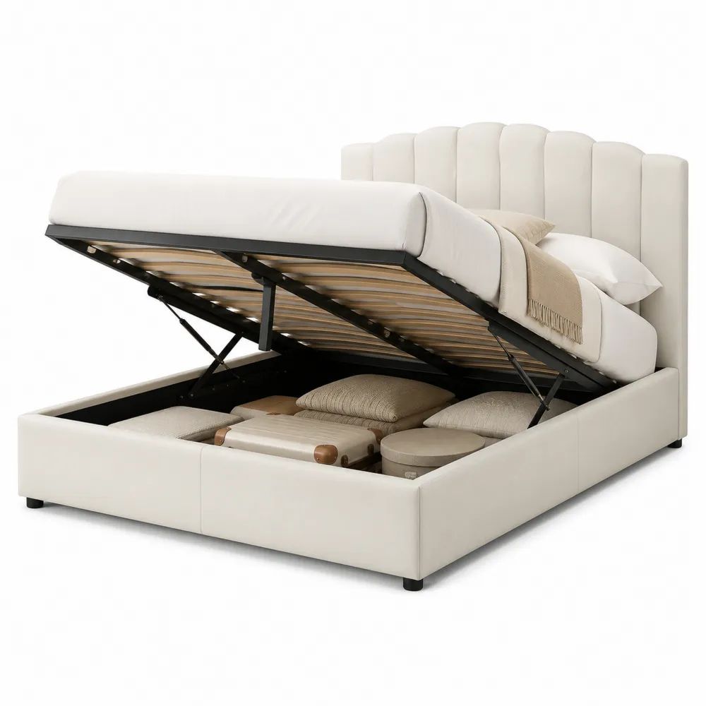 Lit coffre double 160 x 200 cm avec sommier relevable en acier, revêtement en polyester blanc cassé et tête de lit rembourrée, 215 x 171 x 120 cm