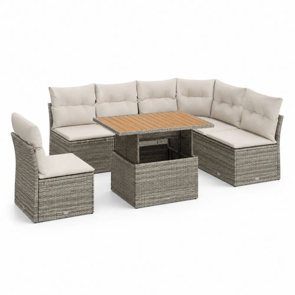 Salon de jardin d’angle 7 places en résine tressée grise avec coussins beiges, 216 × 216 × 85 cm, table 120 × 70 × 66 cm