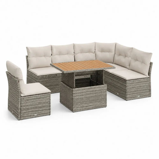 Salon de jardin d’angle 7 places en résine tressée grise avec coussins beiges, 216 × 216 × 85 cm, table 120 × 70 × 66 cm