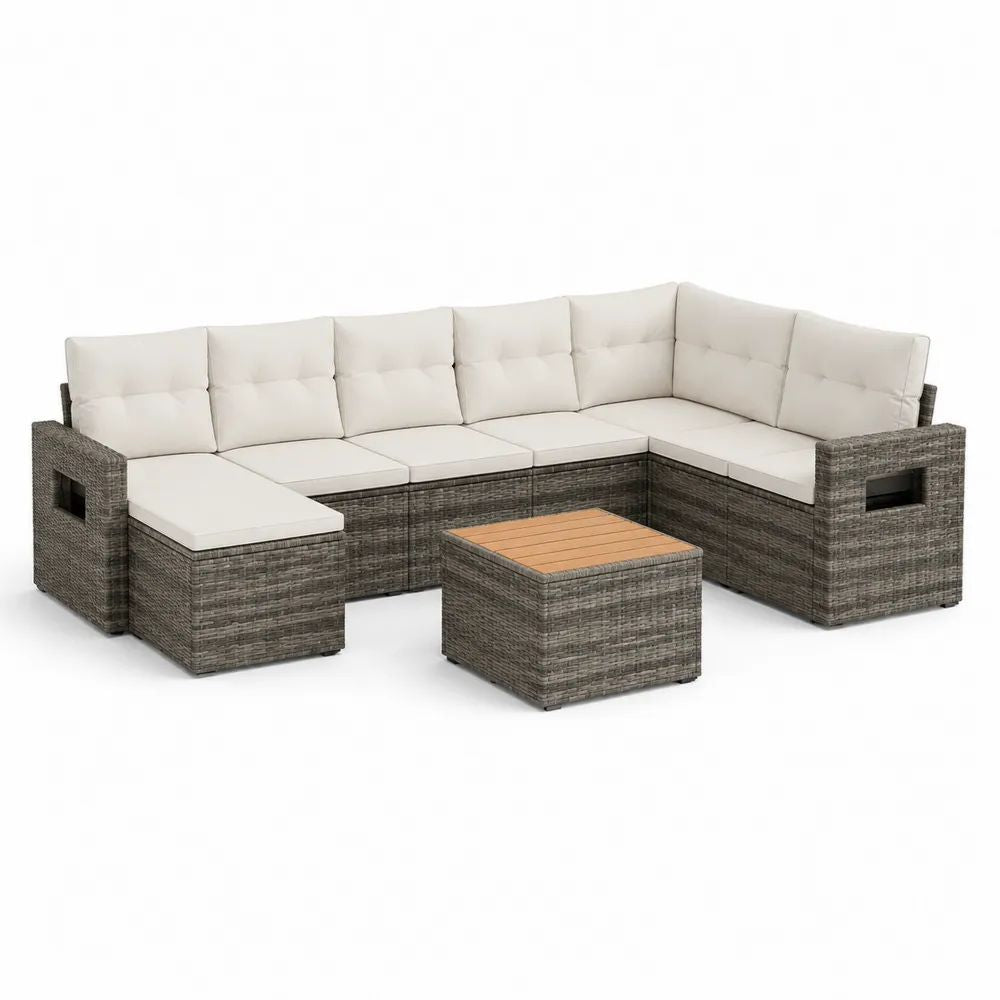 Salon de jardin extérieur 8 pièces avec canapé d’angle en U en résine tressée grise, coussins beiges et table basse, 320 × 220 × 74 cm