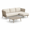 Salon de jardin extérieur 3 pièces avec canapé d’angle 3 places en aluminium beige et taupe 220 × 150 × 76 cm et table basse 90 × 60 × 35 cm