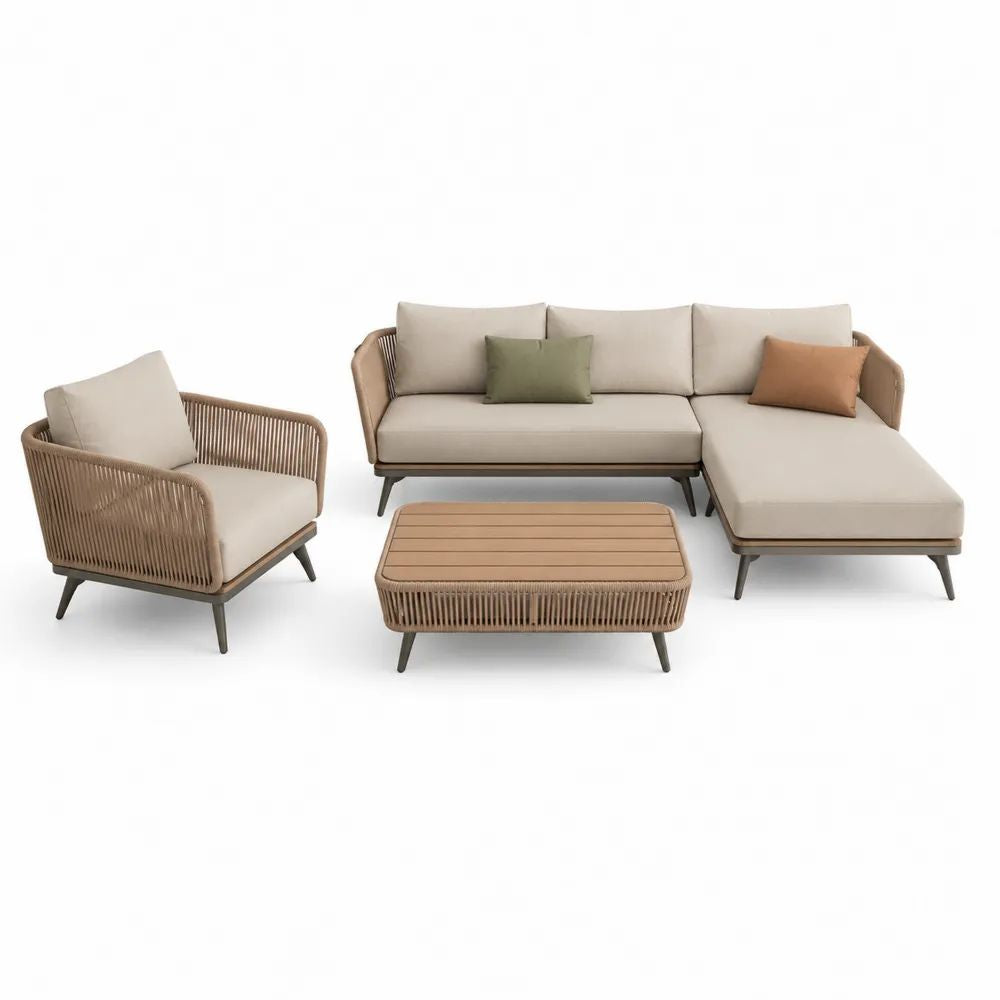 Ensemble salon de jardin 3 pièces en aluminium et corde PE beige et taupe avec canapé d’angle 4 places 240 × 160 × 76 cm, fauteuil 80 × 78 × 76 cm et table basse 100 × 60 × 38 cm