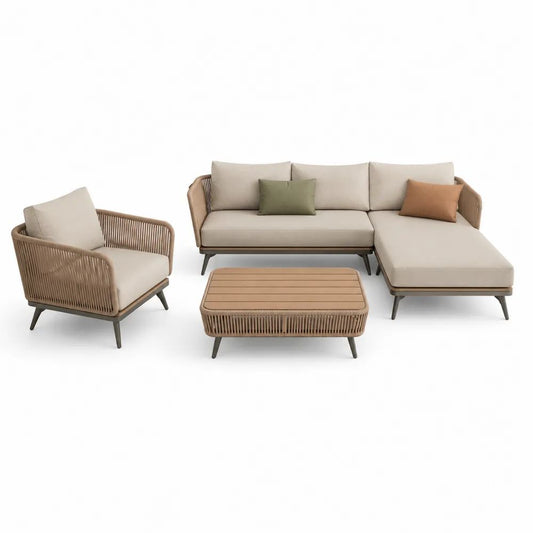 Ensemble salon de jardin 3 pièces en aluminium et corde PE beige et taupe avec canapé d’angle 4 places 240 × 160 × 76 cm, fauteuil 80 × 78 × 76 cm et table basse 100 × 60 × 38 cm