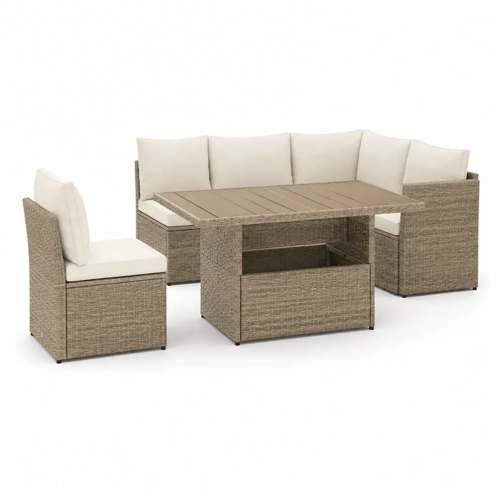 Salon de jardin extérieur 6 pièces en résine tressée taupe et beige avec canapé d’angle, fauteuil, banc et table 120 x 70 x 66 cm