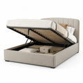 Lit coffre double en tissu beige et métal noir, couchage 160 x 200 cm, dimensions 215 x 174 x 110 cm, sommier relevable à lattes et tête de lit rembourrée