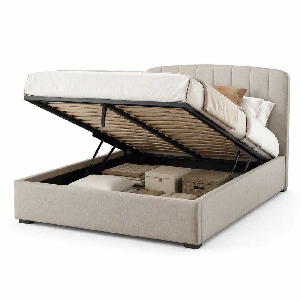 Lit coffre double en tissu beige et métal noir, couchage 160 x 200 cm, dimensions 215 x 174 x 110 cm, sommier relevable à lattes et tête de lit rembourrée