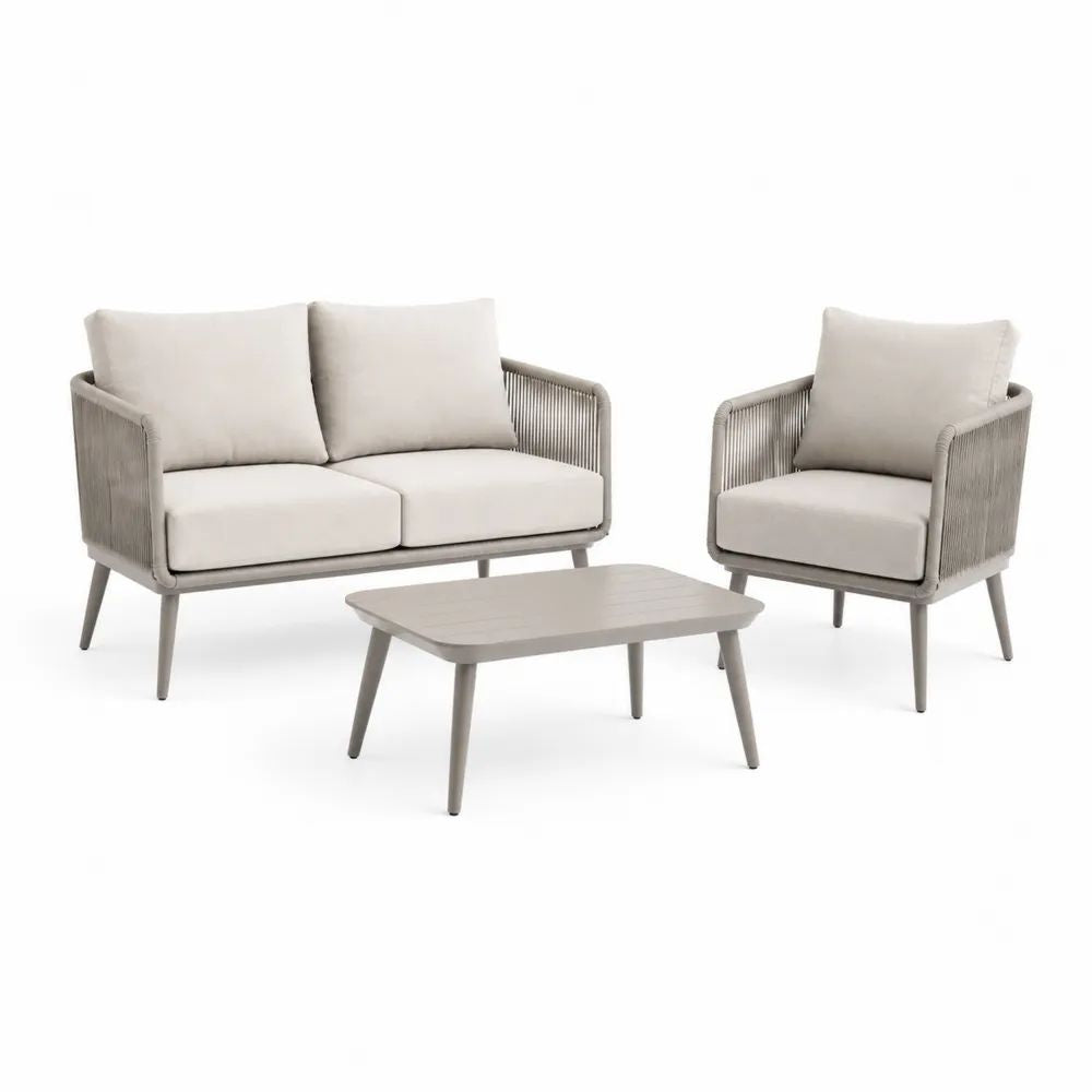 Salon de jardin 3 pièces 3 places en aluminium et corde gris taupe et beige – canapé 136 x 73 x 74 cm, fauteuil 72 x 73 x 74 cm et table 90 x 55 x 38 cm
