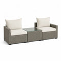 Salon de jardin extérieur 2 places, ensemble 3 pièces en résine tressée grise avec table carrée et coussins blanc cassé, 195 × 65 × 78 cm
