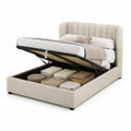 Lit coffre double 160 × 200 cm en tissu beige clair avec tête de lit rembourrée et sommier à lattes relevable, 217 × 177 × 112 cm