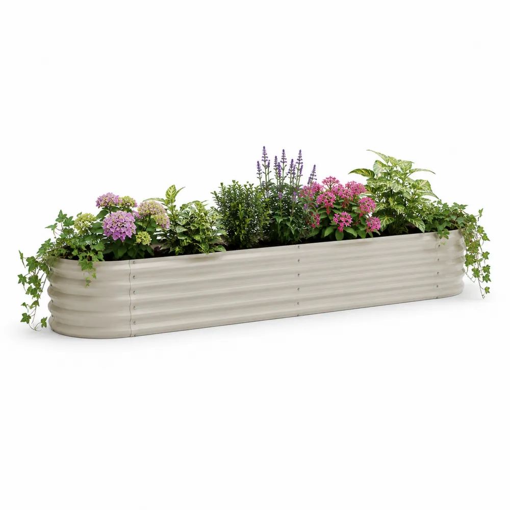 Jardinière surélevée rectangulaire en acier ondulé gris clair, 240 × 60 × 30 cm