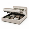 Lit coffre double 160 x 200 cm en polyester beige avec sommier métallique relevable et tête de lit rembourrée