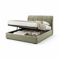 Lit coffre double en tissu vert sauge et métal noir avec sommier relevable, couchage 160 x 200 cm, dimensions 217 x 174 x 112 cm
